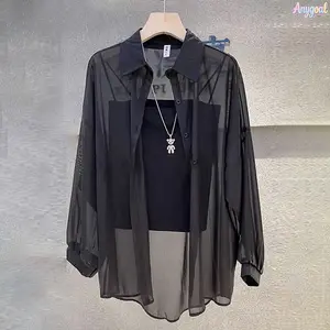Anygoal Women's Sun Protection Shirt Shimmer Sheer Chiffon Button Up Shirt, Loose Oversized Long Sleeve Sun Protection Blouse,Draped Hip‑Length Sun‑Shade Blouse Outerwear Lightweight Breathable Outerwear for Summer,Beach,Vacation,Beach outfits summervibes