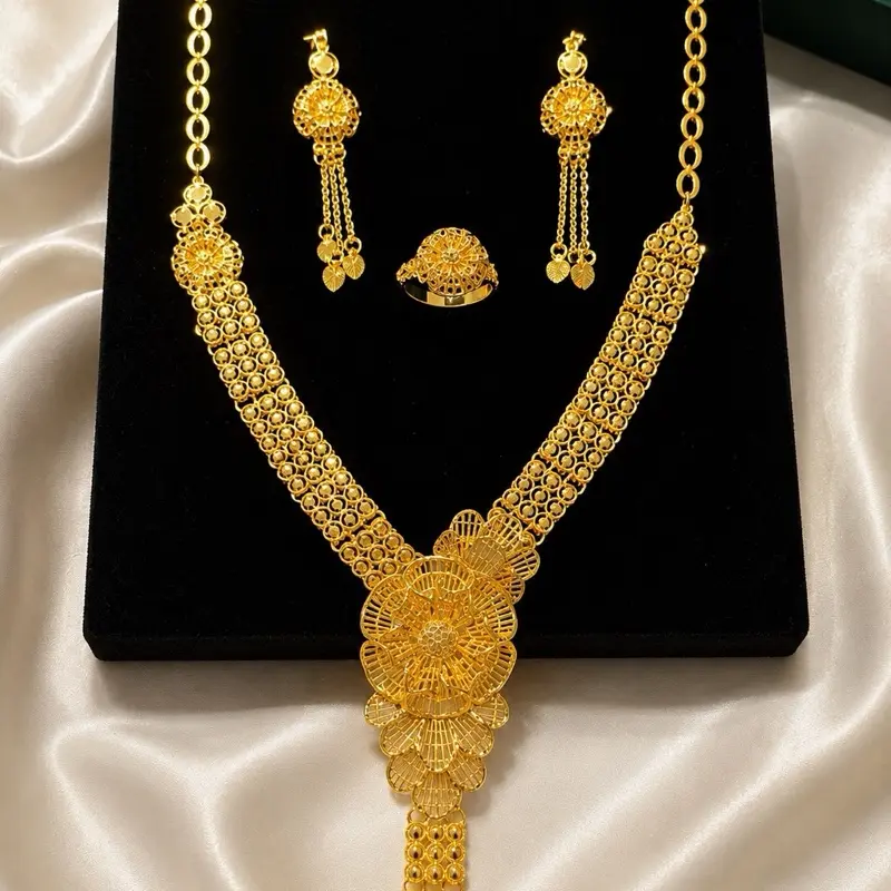 Women's Luxury Gold-Plated Arabic-Inspired Jewelry Set - Statement Necklace, Earrings, Ring for Bridal Wedding Gifting