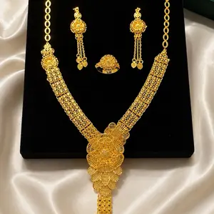 Women's Luxury Gold-Plated Arabic-Inspired Jewelry Set - Statement Necklace, Earrings, Ring for Bridal Wedding Gifting