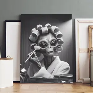 Wooden Framed Canvas Painting, Alien Makeup Time Black and White Poster, Modern Art, Fashion Poster, Living Room Bedroom Decoration, Art Wall Decoration, Hallway Office Mural, Ornaments