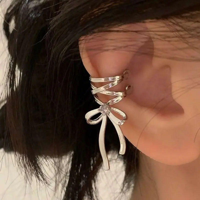 A pair of butterfly ribbon aesthetic ear clips, cold ballet-style ribbon bow ear bone clips without ear holes, student earrings, Non Pierced Jewelry, Non Piercing Jewelry