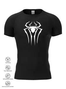 Men's Spider Print Compression Sports Tee, Tight-fitting Breathable Quick Drying Short Sleeve T-shirt, Men's Sportswear for Gym Workout Running, Athletic Compression Shirts