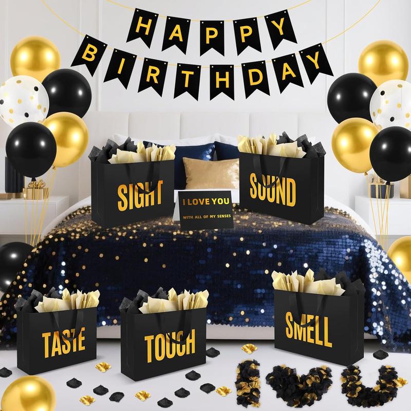 5 Senses Gift Bags For Him With Labels Tissue Paper And Handles, Comes With Birthday Decoration Rose Petals And Happy Birthday Banner Balloons(Black Gold, 12.6 x 8.7 x 4 inch)