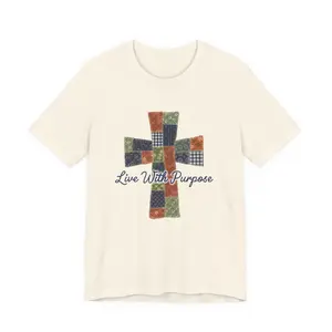 Women's Patchwork Christian Faith "Live With Purpose" Cross T-Shirt - Ribbed, Breathable, Casual Short-Sleeve Top with Fit Note for Complementary Jackets