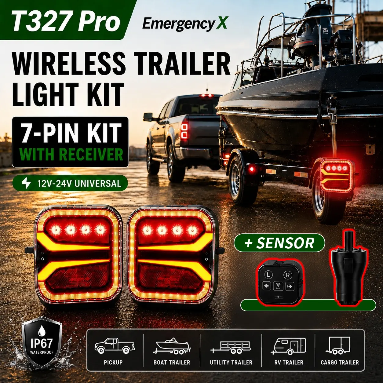 AgriEyes T327 Wireless Magnetic Trailer Lights Kit (upgrade version of T28- warning lights + signal lights all-in-one), 22 LEDs, 5 Signal Modes, IP67 Waterproof, USB-C Rechargeable, Long Runtime, 1-Year Warranty fathersdaygift High Lumen Flashlight