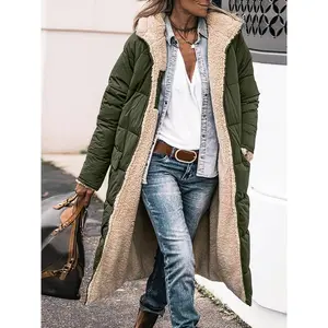 Knee-Length Polyester Long Padded Jacket Coat - Elegant Solid Color Fleece Lined Winter Warmth Outerwear with Zipper Detail Fabric Puffer Womenswear Can be used with raincoat Chic