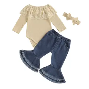 Ma&Baby Infant Baby Girl Fall Winter Clothes Lace Ribbed Romper Denim Bell Bottoms with Headband Boho Outfit 3Pcs Set