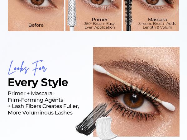 SACE LADY Lash Primer and Waterproof Mascara Set 2-in-1 Fiber Lengthening Volumizing Smudgeproof 24H Long Lasting Curling Eyelashes Makeup Kit