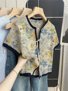 Women's khaki bohemian vacation ethnic style short-sleeve knit top. Loose round neck, contrast fruit & floral patchwork print, front tie design, contrast piping. Comfortable for spring & summer casual wear.