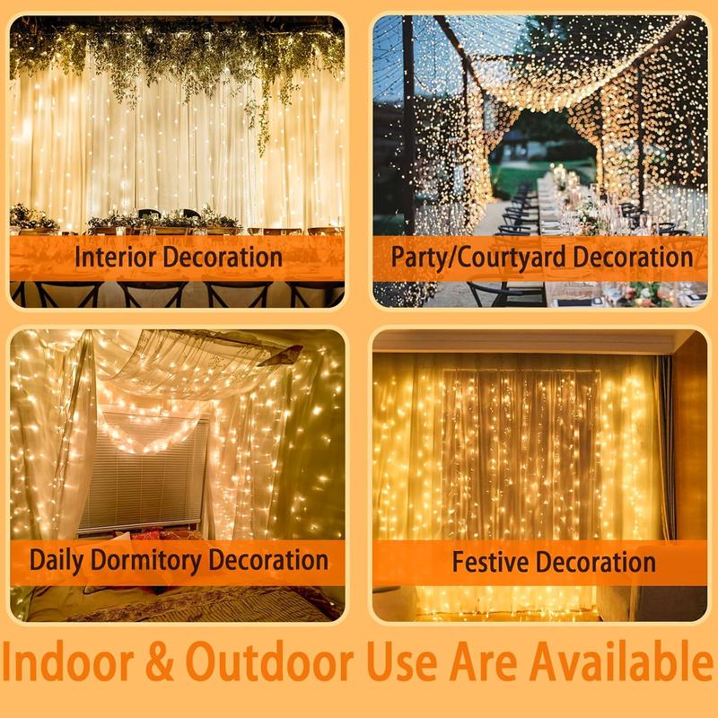 300 LED Curtain Lights with Remote Control, 8 Modes, Warm White, Perfect for Indoor/Outdoor Christmas, Wedding, Party Wall Decorations