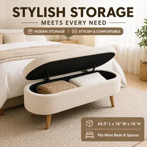 【Home Upgrade Pick】FANSACE 43.5" Long Oval Boucle Fabric Upholstered Storage Ottoman - Single Seat Footrest with Rubberwood Legs, Modern Indoor Furniture for Bedroom, Living Room