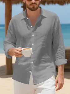 Men's Fall Outfits Solid Color Linen Button Front Long Sleeve Polo Shirt for Daliy Wear, Old Money Casual Vacation Style, Essential Men's Wardrobe Staple, Trendy Versatile Design