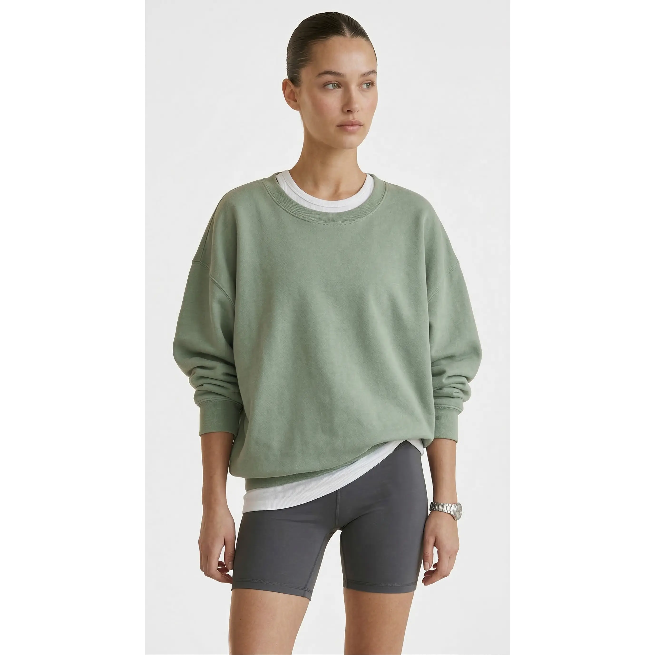 Women's Sage Green Oversized Longsleeves Cotton Round Neck Hoodie Sweatshirt - Minimalist, Lightweight, Breathable, Denim-Accented, Polyester-Blend, Lady's Love-Designed Fit Top for Everyday Casual Bike Wear