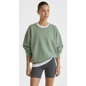 Women's Sage Green Oversized Long Sleeve Basic Cotton Crewneck Hoodie - Minimalist, Lightweight, Breathable, Denim-Accented, Love-Designed Fit Piece for Everyday Casual Bike Wear