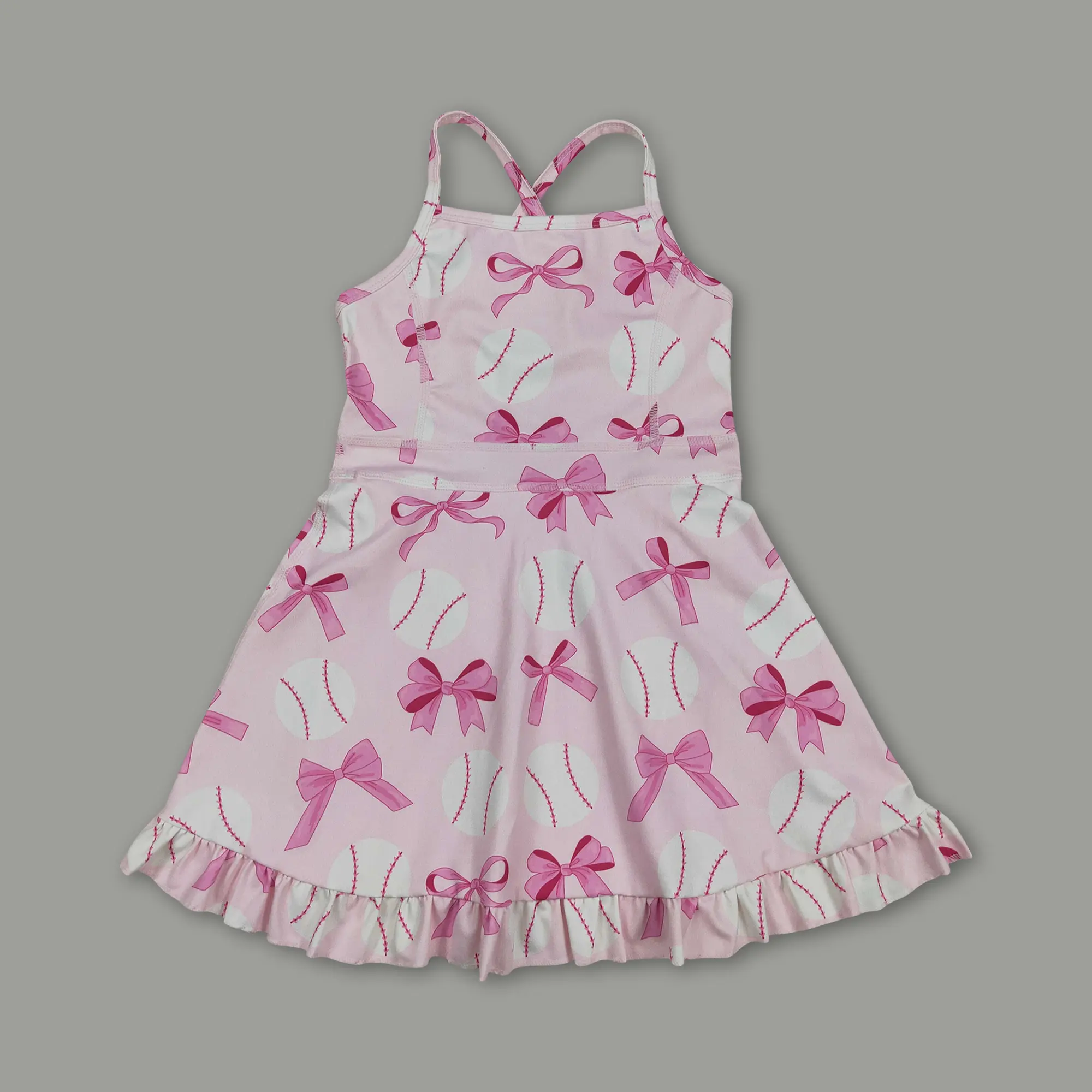 Toddler Girls' Summer Baseball Yoga Romper - Kid Size Casual Style, Little Bow Print, 3-6m/3t Sizes, Playtime Wear, Kid Size Casual Dresses, Little Bow Print Casual Dresses