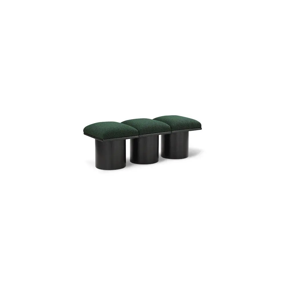 Retro Armless Art Deco Pavilion Bench - Green Boucle Fabric, 4" Cushion, Channel Tufting, Oak Veneer Art Deco Base, Columnar Legs, Engineered Wood Indoor Stool Furniture