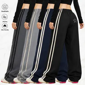 Women's Striped Casual Athletic Wide-Leg Pants - 1 Piece, Elastic Drawstring Waist, Womenswear Bottom, Suitable for Yoga, Outdoor Commuting, Summer Wear.Summervibes
