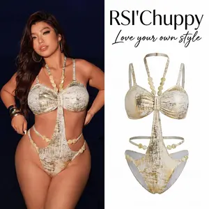 Trendy Plus Size One Piece Swimsuit Metallic Shimmer Cutout Monokini Beaded Strap Hollow Out Bathing Suits for Women Curvy Sexy Beach Party Swimwear