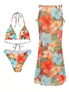 Tropical Floral Leopard Print Halter Bikini Set, Outerwear Sun Protection Cover-Up Skirt, Beach Pool Party Vacation Style, Halter Bikini Swimsuit, Floral Bikini Bottom
