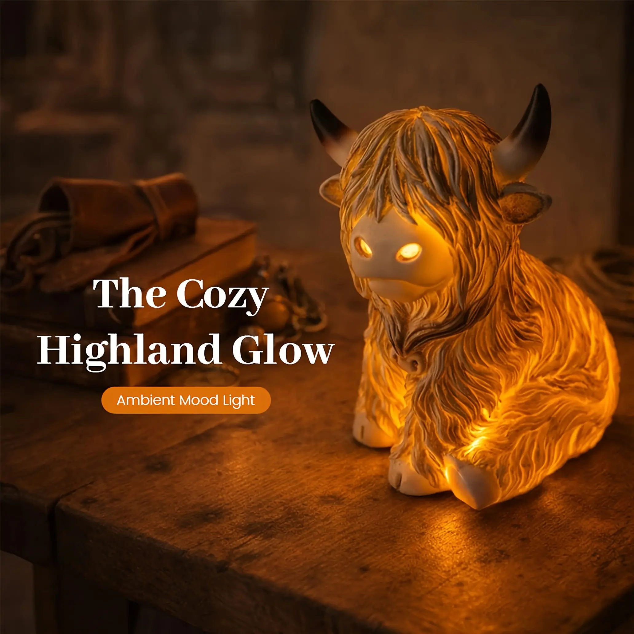 Funny Highland Cow Statue, Figurine, Resin Animal Bedside Lamp, Home Decoration, Animal Decorations, Realistic Decorative Dining Table Sculpture, Ideal Gift for Women and Cow Lovers