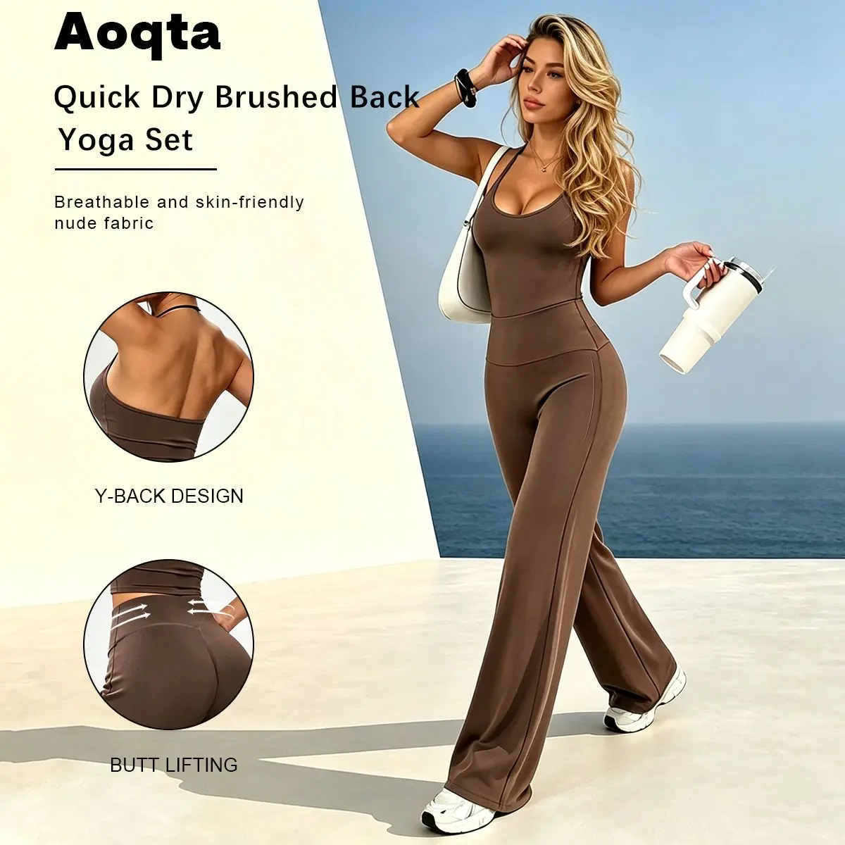 Aoqta Women's Knitted 2-Piece Casual Sports Set - Sexy Halter Neck Backless Crop Tank Top, High Waist Tummy Control Butt Lifting Leggings - For Yoga, Gym, Daily Wear