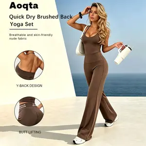 Aoqta Women's Knitted 2-Piece Casual Sports Set - Sexy Halter Neck Backless Crop Tank Top, High Waist Tummy Control Butt Lifting Leggings - For Yoga, Gym, Daily Wear