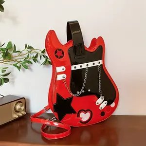 [Cute Guitar Backpack] Cute Heart Pattern Color-Blocked Guitar-Shaped Backpack - Adjustable Strap Bag with Glossy Finish