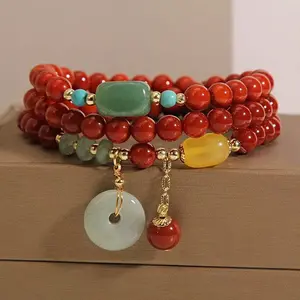 Natural Red Agate Multi-layer Bracelet Women's Retro Ethnic Style Jade Peace Buckle Pendant Bracelet New Year Good Luck New Year Design