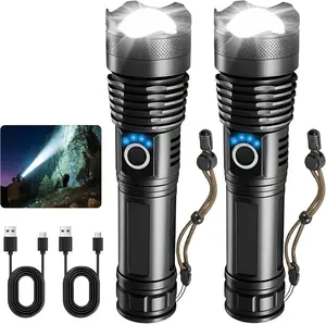Super Bright Handheld Flashlight High Lumens,  Rechargeable LED Flashlights Battery Powered with 5 Modes, Waterproof Powerful Zoomable Flash Light for Home, Camping，Emergencies, Outdoor, 2 Pack