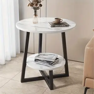 Modern 2-Tier Metal Coffee Table with Storage Shelves Compact Round Side Table for Living Room Balcony or Bedroom White Marble Top 4 Color Options Minimalist Design Versatile Furniture Small Space Living