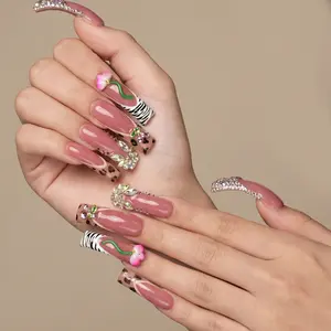 AVIARA Long Square 10pcs 3D  Handmade Acrylic Press On Nails Luxious Salon Quality Fake Nail detachable aqua nails