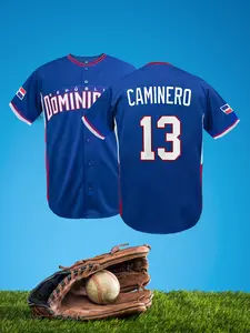 Unisex Dominican Themed #13 2026 Tournament Style Embroidered Baseball Jersey, Loose Fit Button Down Breathable Short Sleeve Athletic Top for Training Game Daily Wear All Season Sports Top Athletic Training Apparel