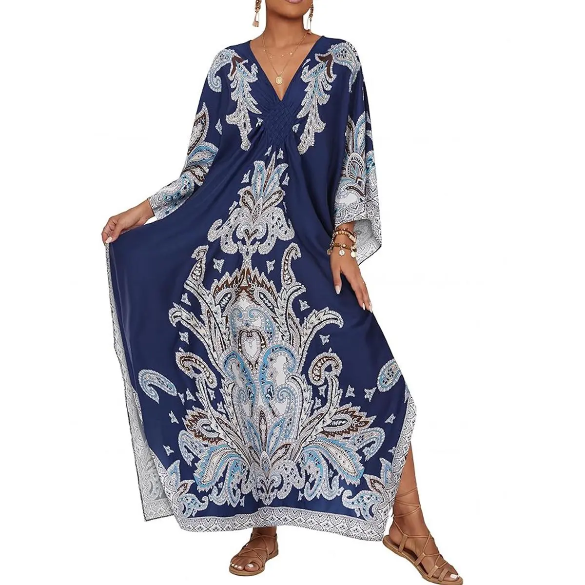 Bsubseach Women Ethnic Print Kaftan Beach Dress Plus Size Swimsuit Cover Up