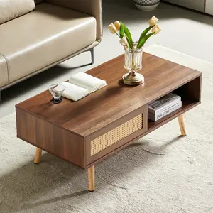 PE Rattan Coffee Table with Sliding Door for Storage Solid Wood Legs Modern Design for Living Room Walnut Color