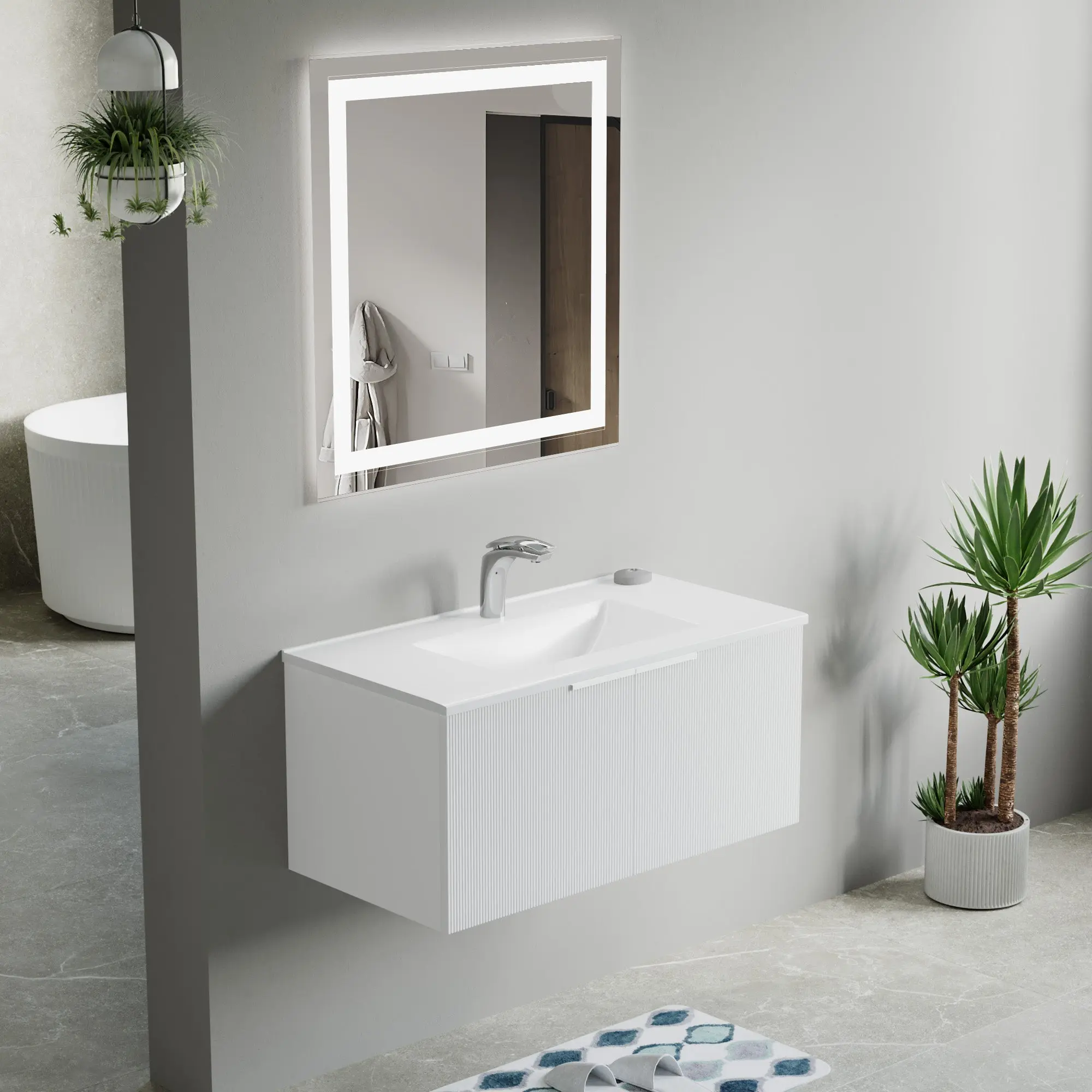 Dowell 36" Wall-Mounted/Floating Fluted Bathroom Vanity with Single Basin – Two Soft-Close Doors - 032 36 Series