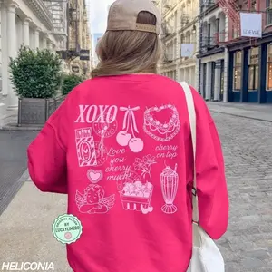 [Sale Up To 50%] Womens Valentines Day Sweatshirt, Vintage Coquette Valentine Sweatshirt, Cherry Cake Shirt, Xoxo Heart Shirt, Valentine Gift, Back Design, streetwear graphic tee