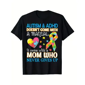 AUTISM & ADHD Doesn't Come with A Manual T-Shirt - Inspirational Casual Tee with Heart-Shaped Puzzle Piece and Colorful Ribbons, Perfect Gift for Proud Mom Supporting Neurodiversity and Resilience