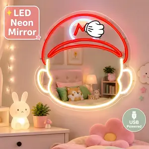 Cute Cartoon LED Neon Mirror with Soft Light, Aesthetic Wall Vanity Mirror for Kids Room Decor, Gaming Setup Light Mirror for Bedroom, USB Powered Makeup Mirror, Cute Room Decor Gift for Girls Teens