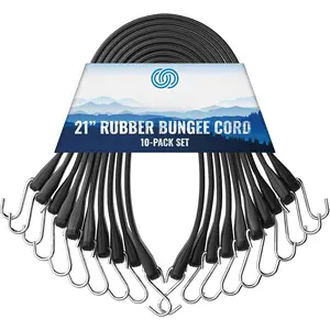 Rubber Bungee Cords with Hooks Heavy Duty 21" - for Outdoor  Weather, Over 180 LBS Load & Max Stretch 1.8X,  EPDM Bungee Straps with S Hooks, 10 Pack for Cargo, Tarps,