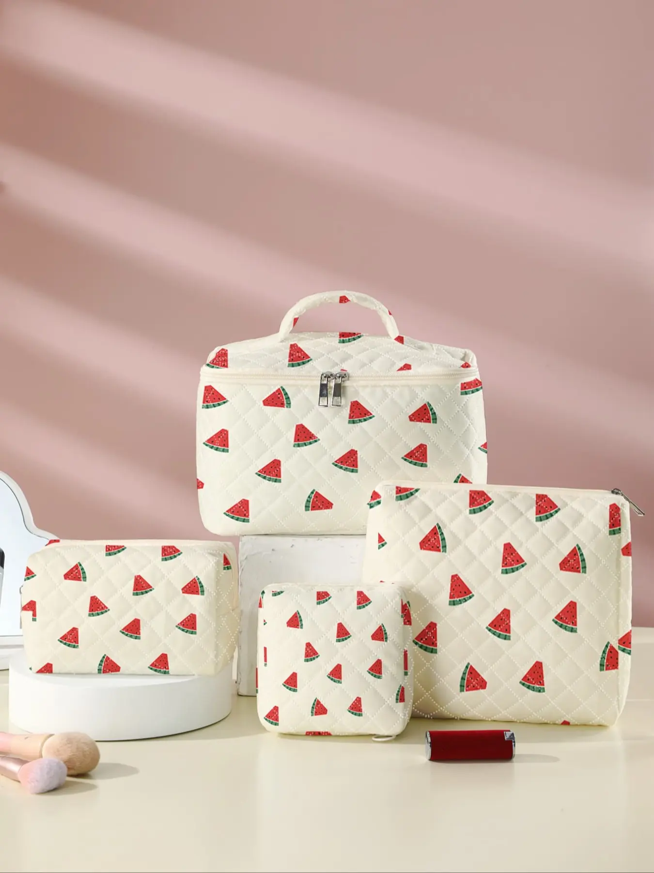 Large Capacity Watermelon Print Makeup Bag Travel Organizer Set, Stores Brushes Skincare Cosmetics, Perfect for Women Girls Gym Vacation