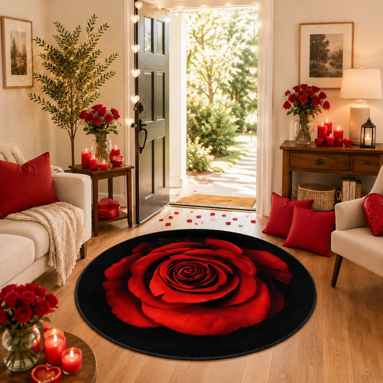 3D Red Rose Optical Illusion Round Rug, Romantic Flower Floor Mat with Realistic Rose Design, Elegant Home Decor for Bedroom, Living Room, Entryway, Office & Valentine’s Day