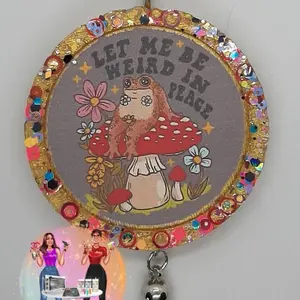 Car Freshie Frogs and Mushrooms Let Me Be Weird in Place Decorative Circular Design with Colorful Border and Floral Elements