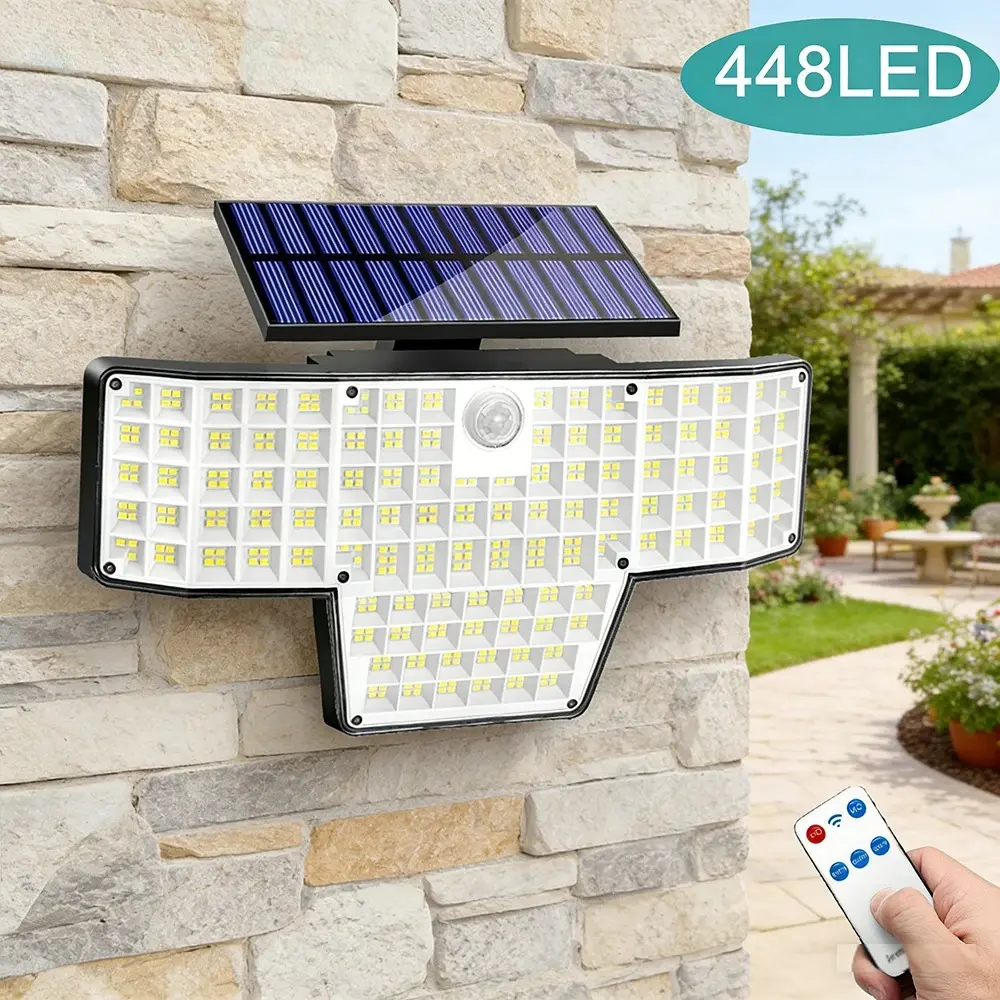 KHTO 448 LED Solar Outdoor Lights - Motion Sensor Commercial Solar Street Light Dusk to Dawn, IP65 Waterproof Security Flood Lights with Remote Control for Garden & Driveway