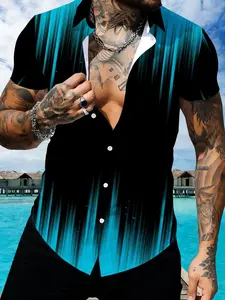 Gradient Blue & Black Ombre Short Sleeve Shirt, Men's Trendy Printed Lapel Top, Summer Casual Shirt, Fashion Business Style Design