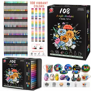 TBC The Best Crafts 108-Color Colorful Pack Double-Tip Acrylic Paint Markers - Round + Fine Tips, High Vibrancy, Waterproof, Non-Toxic, Odorless, Multi-Surface for Paper, Pottery