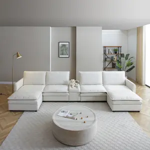 140" U Shaped Couch, Modular Sectional Sofa, 6-Seater Comfy Cloud Couch with Movable Ottoman, Deep Seat and adjustable sofa back . Couches for Living Room, Chenille,  White