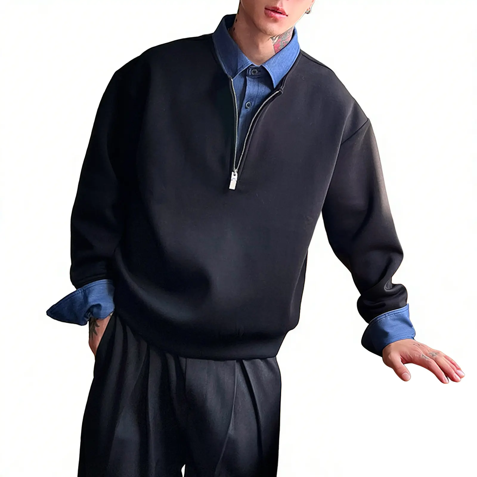 JMIERR Men's Fall Winter Pullover Sweatshirt, Collared Shirt Neck Solid Color 1/3 Zip Long Sleeve Top