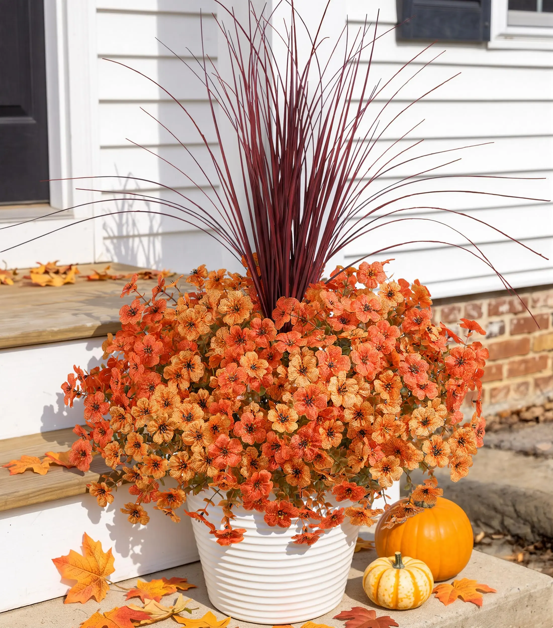 Ivydale Artificial Mums Flowers for Outdoors 12 Pcs + Burgundy Grass Fall Fake Mums Daisy UV Resistant Look Real for Autumn Home Porch Patio Garden Yard, Orange Yellow