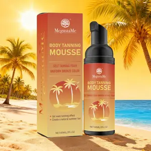 MegustaMe Ready-to-Use Tanning Foam with Golden Glow — Natural summer skin tone, suitable for body and face, 60 mL (approx. 2 fl oz); bathing-type self-tanner; bunny-tail design; before-and-after tanning results on bed; includes lotion with slight stingin
