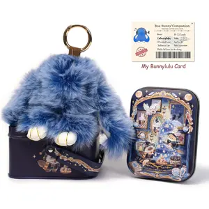 Bunny Handmade Fluffy Bunny PomPom Keychain with Designed Tin Box, – Cute Christmas Gift, Travel Accessory & Birthday Present for Girls & Women